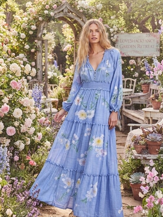 Dresses & Skirts - Chic Blue Floral Long Sleeve Dress